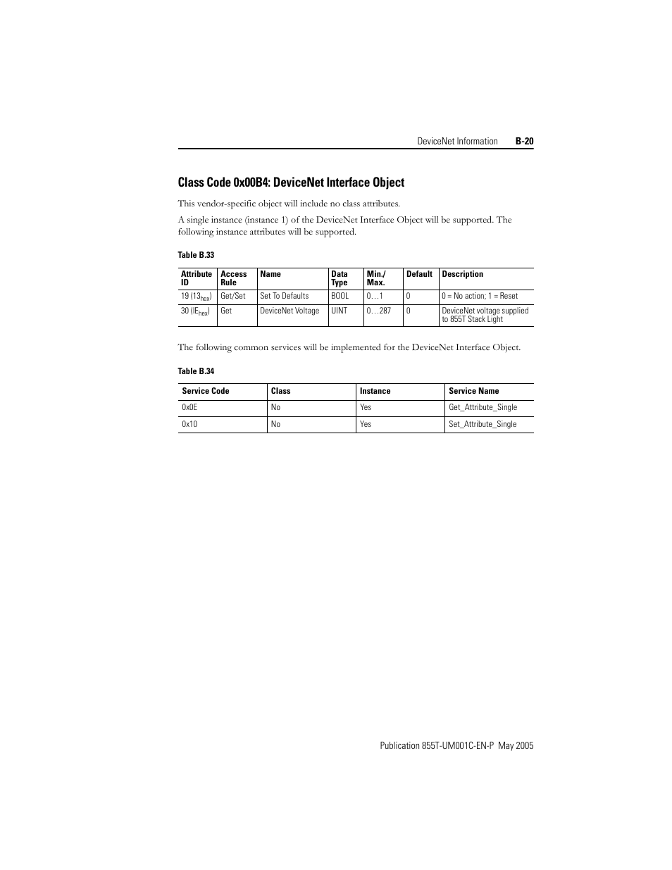 Class code 0x00b4: devicenet interface object | Rockwell Automation 855T DeviceNet Stack Light User Manual User Manual | Page 69 / 72