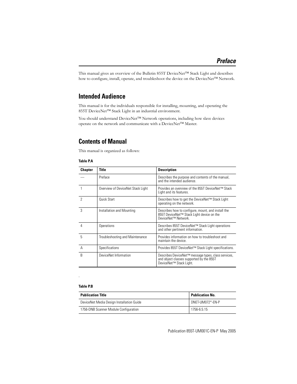 Preface, Intended audience, Contents of manual | Rockwell Automation 855T DeviceNet Stack Light User Manual User Manual | Page 7 / 72