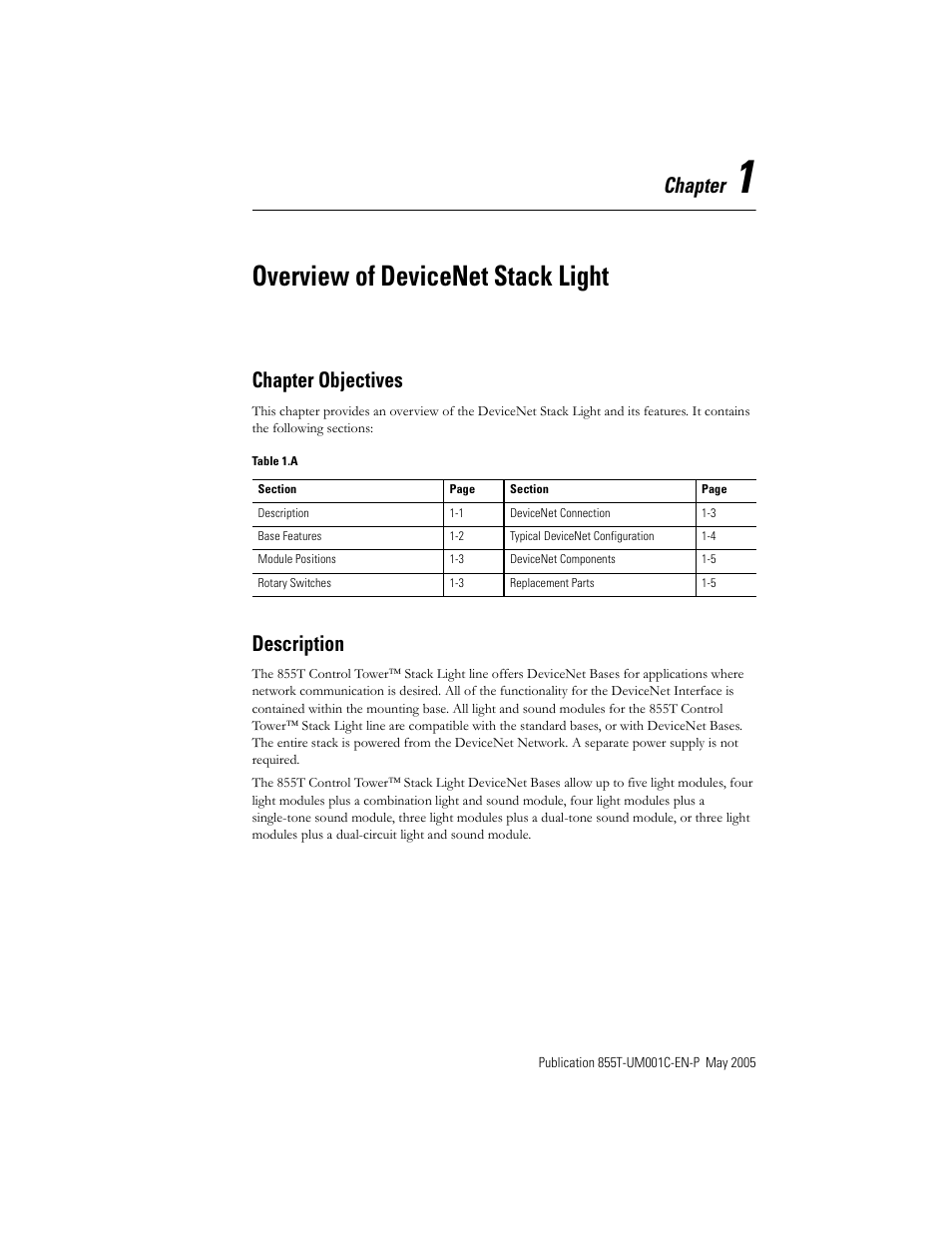 Overview of devicenet stack light, Chapter, Chapter objectives | Description | Rockwell Automation 855T DeviceNet Stack Light User Manual User Manual | Page 9 / 72