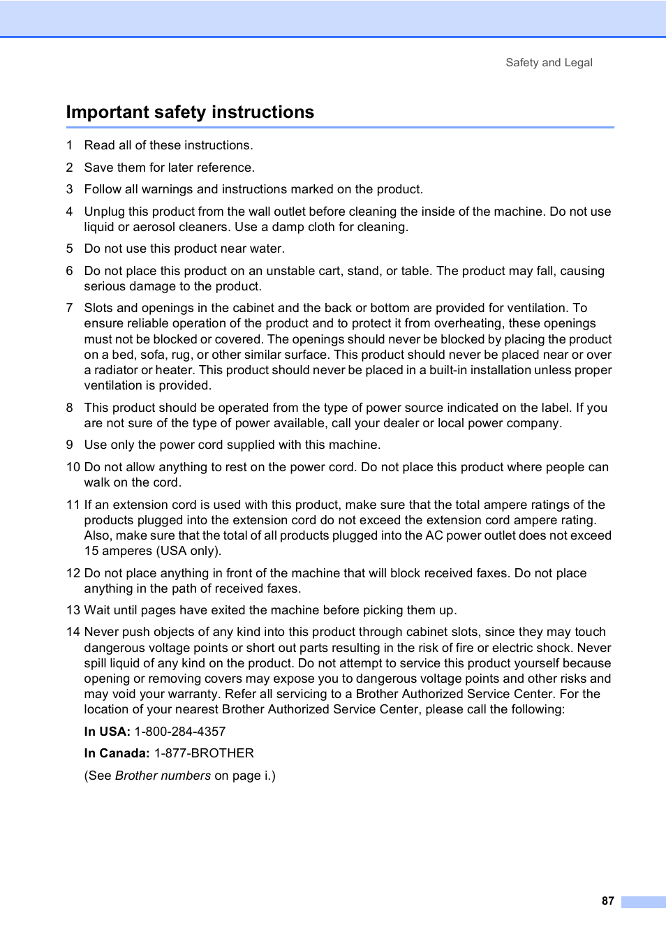 Important safety instructions | Brother FAX-2480C User Manual | Page 103 / 164