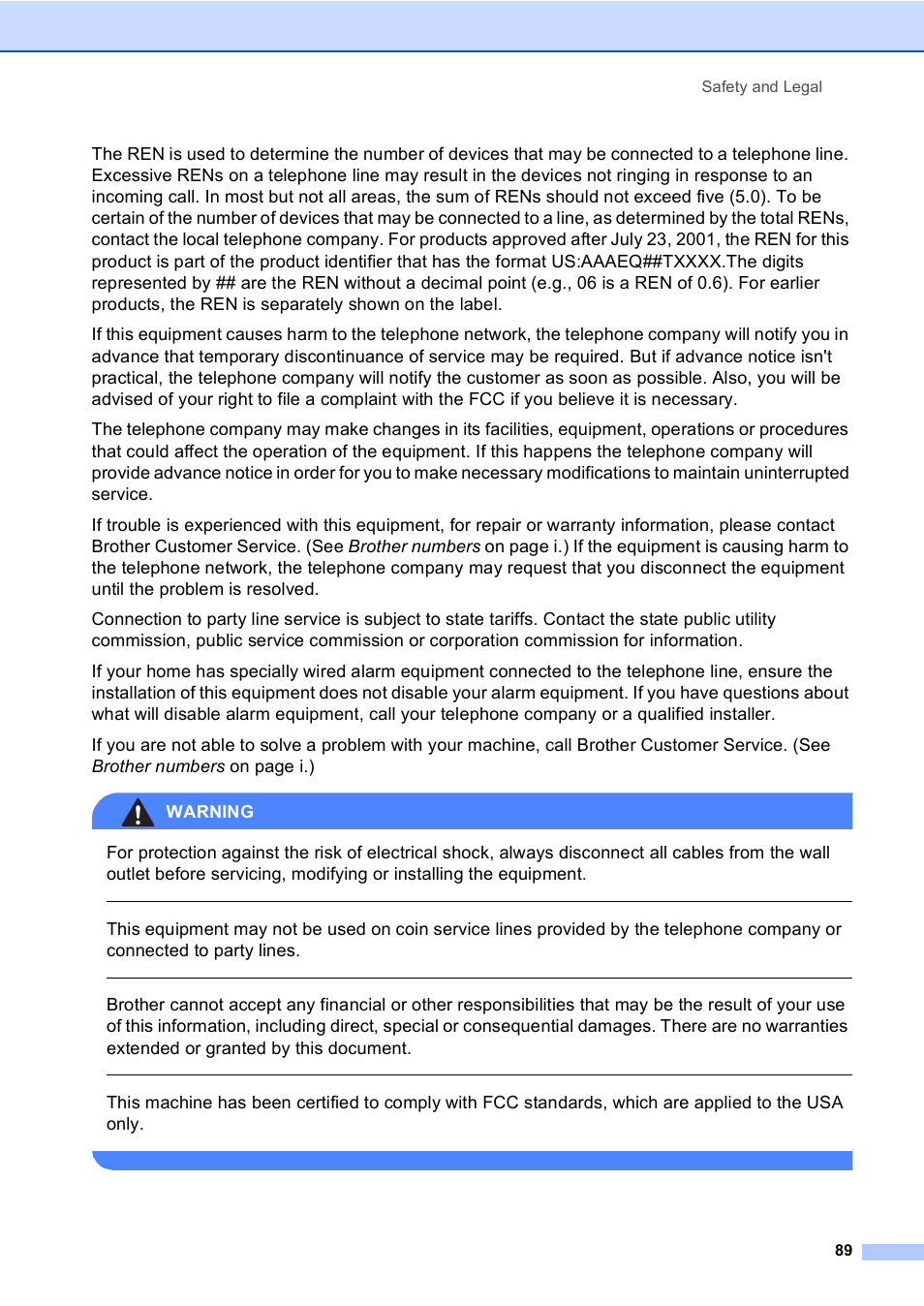 Safety and legal 89 | Brother FAX-2480C User Manual | Page 105 / 164