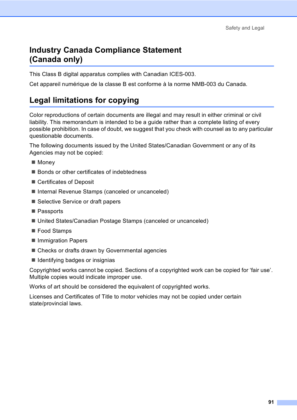 Industry canada compliance statement (canada only), Legal limitations for copying | Brother FAX-2480C User Manual | Page 107 / 164