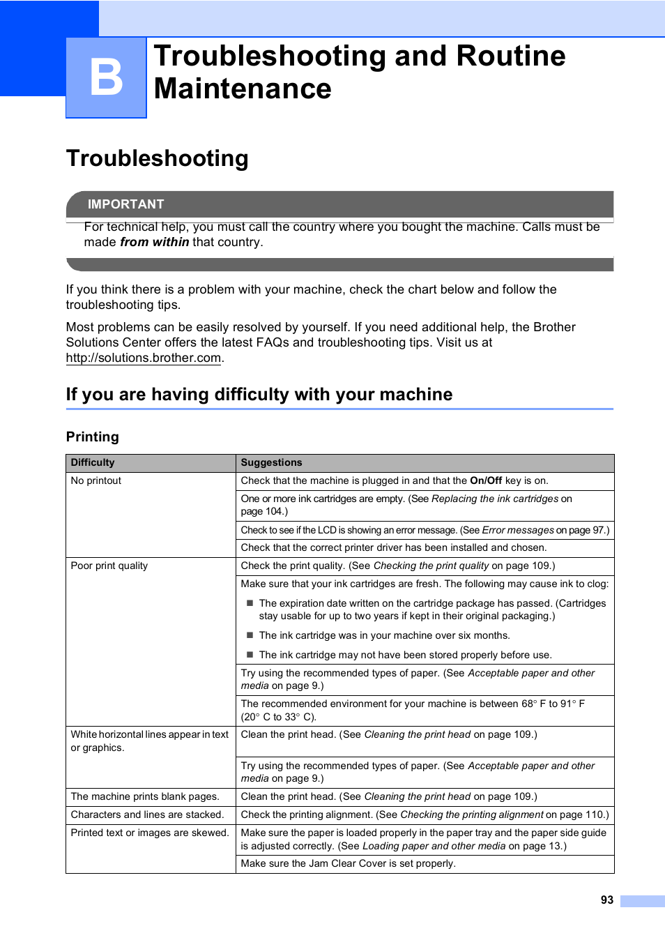 B troubleshooting and routine maintenance, Troubleshooting, If you are having difficulty with your machine | Troubleshooting and routine maintenance | Brother FAX-2480C User Manual | Page 109 / 164