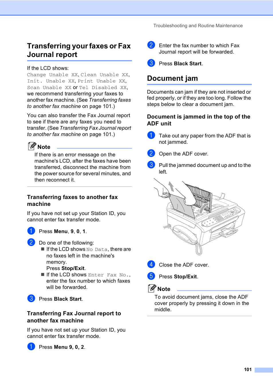 Transferring your faxes or fax journal report, Transferring faxes to another fax machine, Document jam | Document is jammed in the top of the adf unit | Brother FAX-2480C User Manual | Page 117 / 164