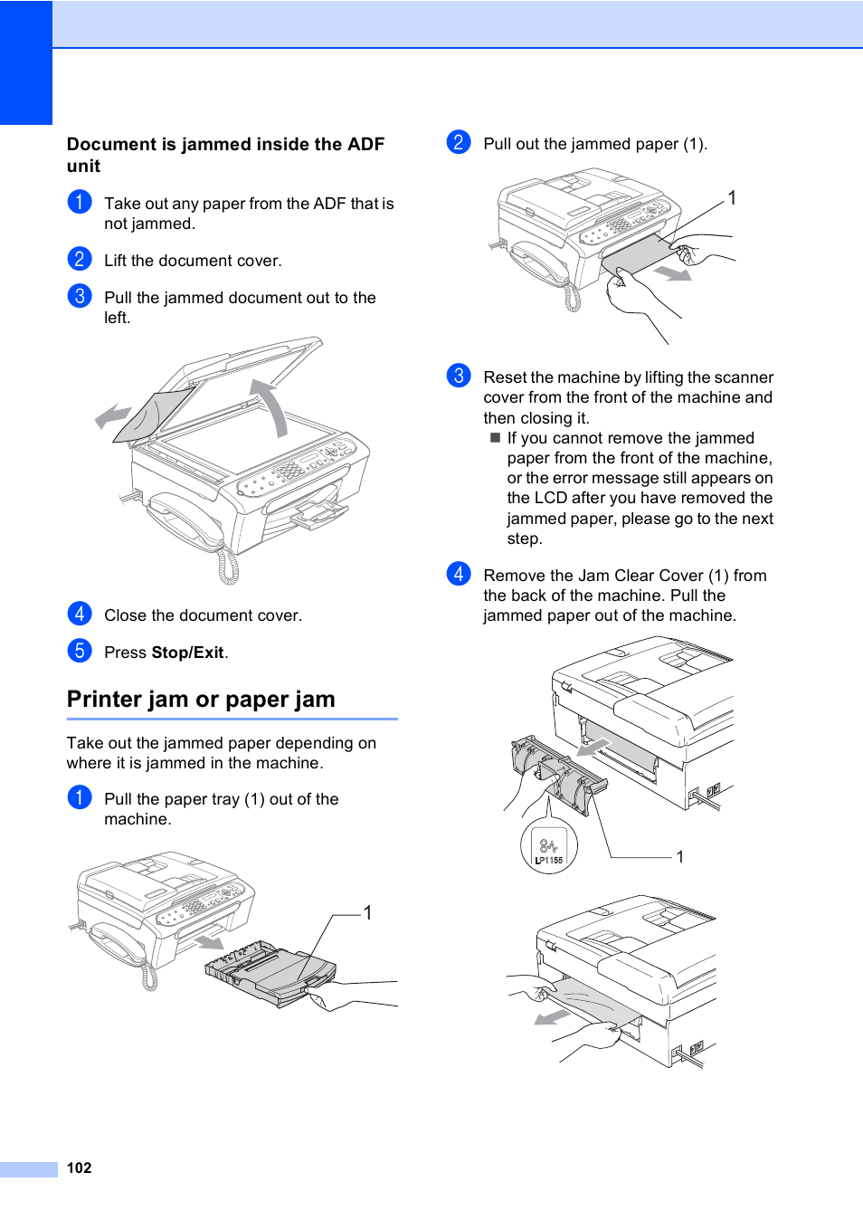 Document is jammed inside the adf unit, Printer jam or paper jam | Brother FAX-2480C User Manual | Page 118 / 164
