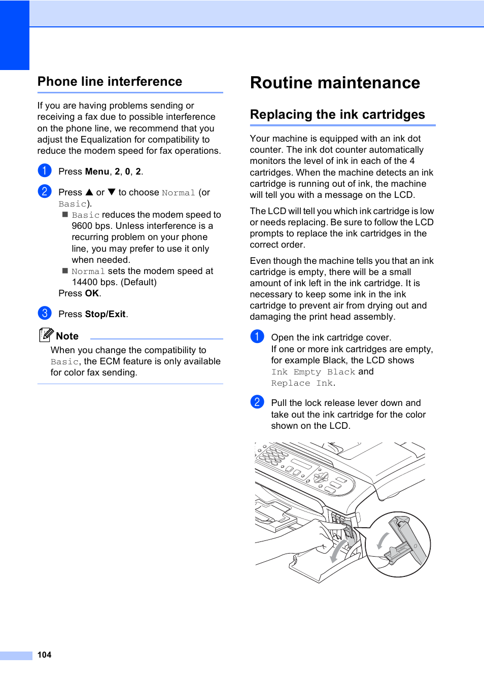 Phone line interference, Routine maintenance, Replacing the ink cartridges | Brother FAX-2480C User Manual | Page 120 / 164