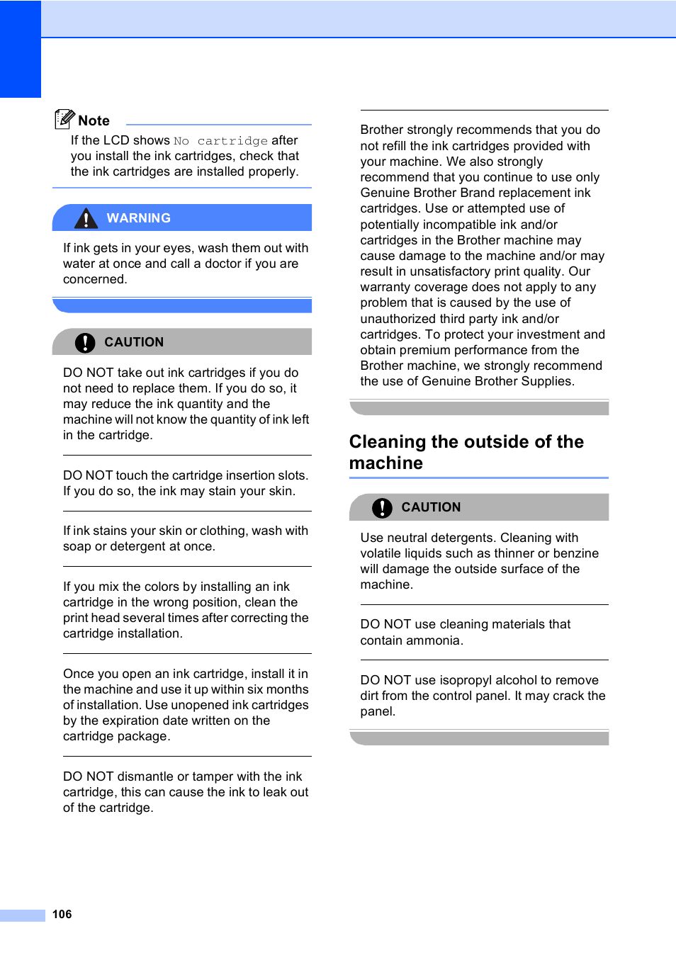 Cleaning the outside of the machine, Warning, Caution | Do not use cleaning materials that contain ammonia | Brother FAX-2480C User Manual | Page 122 / 164