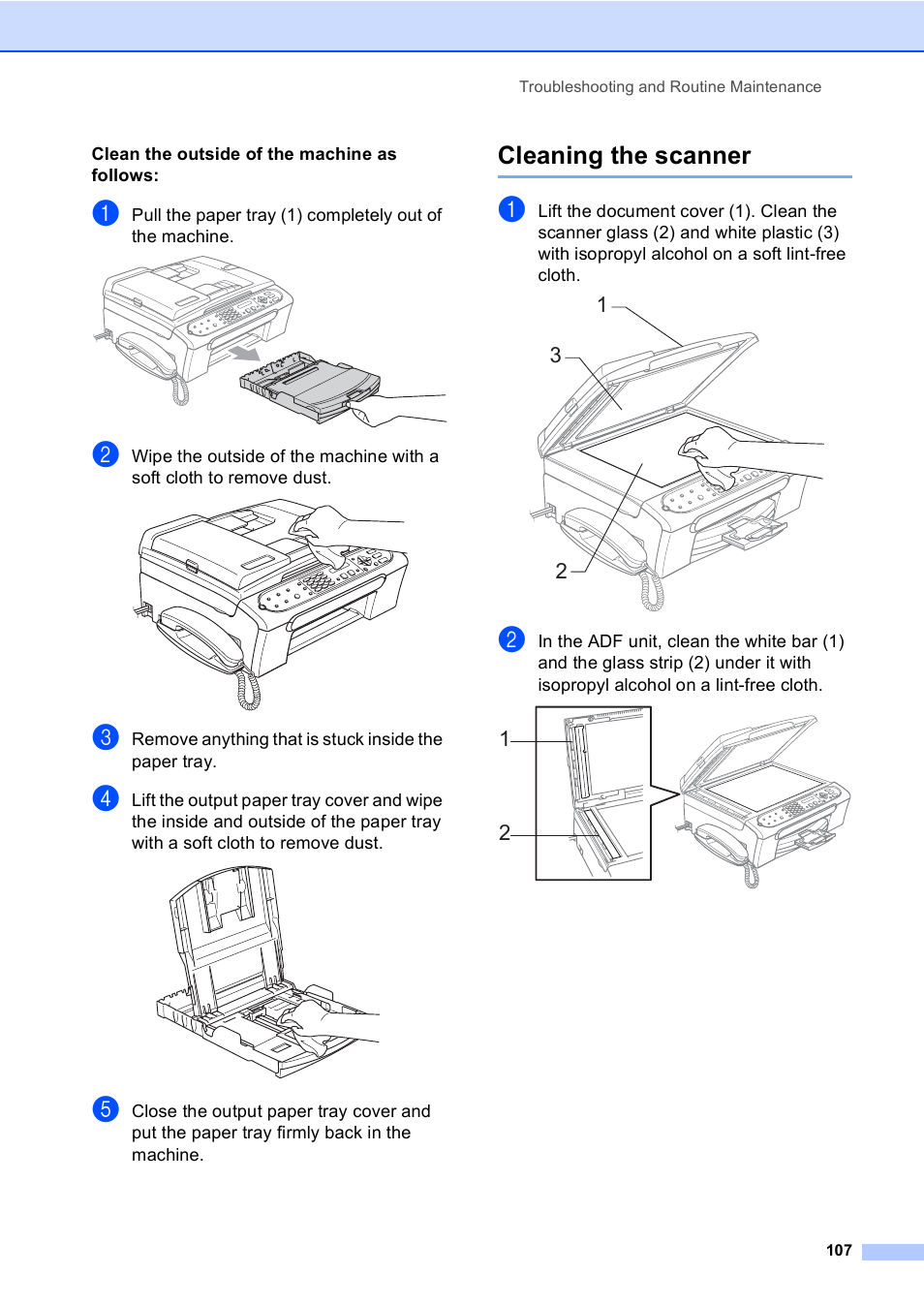 Clean the outside of the machine as follows, Cleaning the scanner | Brother FAX-2480C User Manual | Page 123 / 164