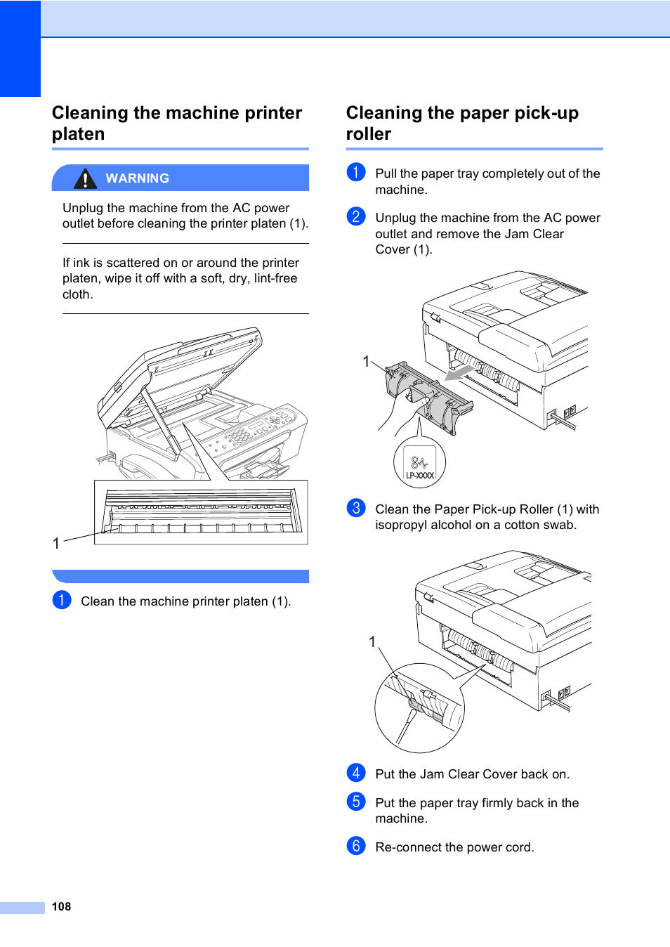 Cleaning the machine printer platen, Cleaning the paper pick-up roller | Brother FAX-2480C User Manual | Page 124 / 164