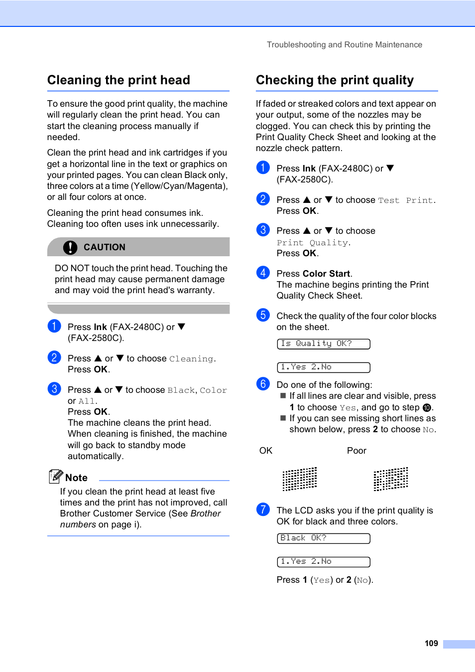 Cleaning the print head, Checking the print quality, Cleaning the print head checking the print quality | Brother FAX-2480C User Manual | Page 125 / 164