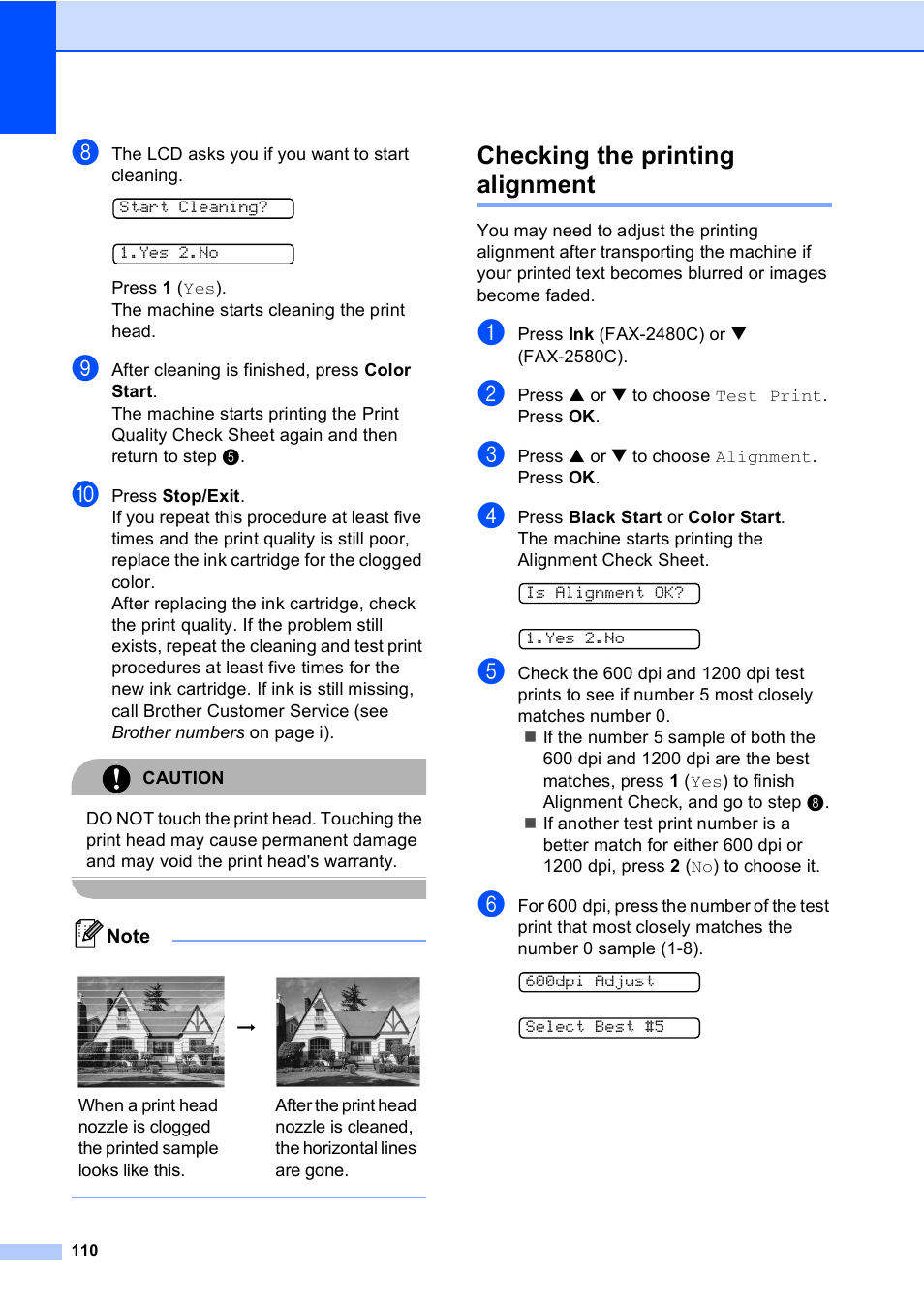 Checking the printing alignment | Brother FAX-2480C User Manual | Page 126 / 164