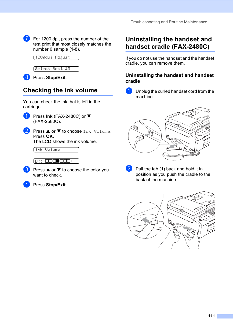 Checking the ink volume, Uninstalling the handset and handset cradle | Brother FAX-2480C User Manual | Page 127 / 164