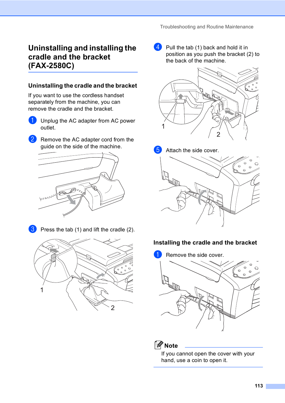 Uninstalling the cradle and the bracket, Installing the cradle and the bracket | Brother FAX-2480C User Manual | Page 129 / 164
