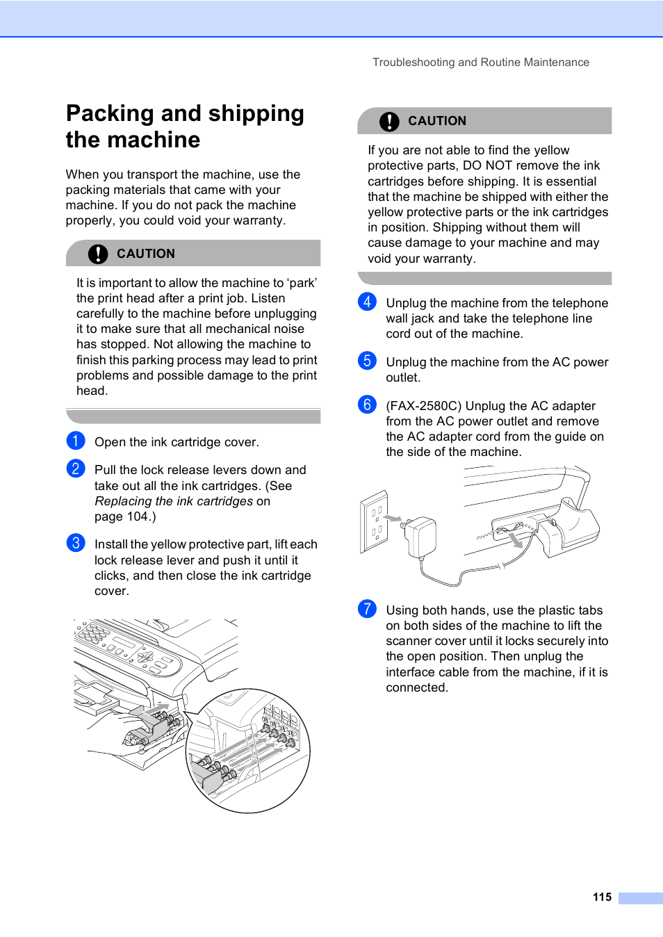 Packing and shipping the machine | Brother FAX-2480C User Manual | Page 131 / 164