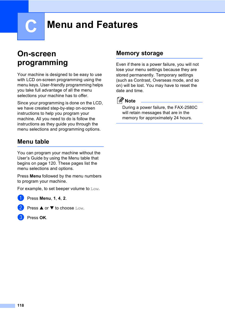 C menu and features, On-screen programming, Menu table | Memory storage, Menu and features, Menu table memory storage | Brother FAX-2480C User Manual | Page 134 / 164