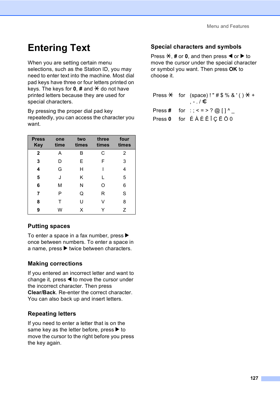 Entering text, Putting spaces, Making corrections | Repeating letters, Special characters and symbols | Brother FAX-2480C User Manual | Page 143 / 164