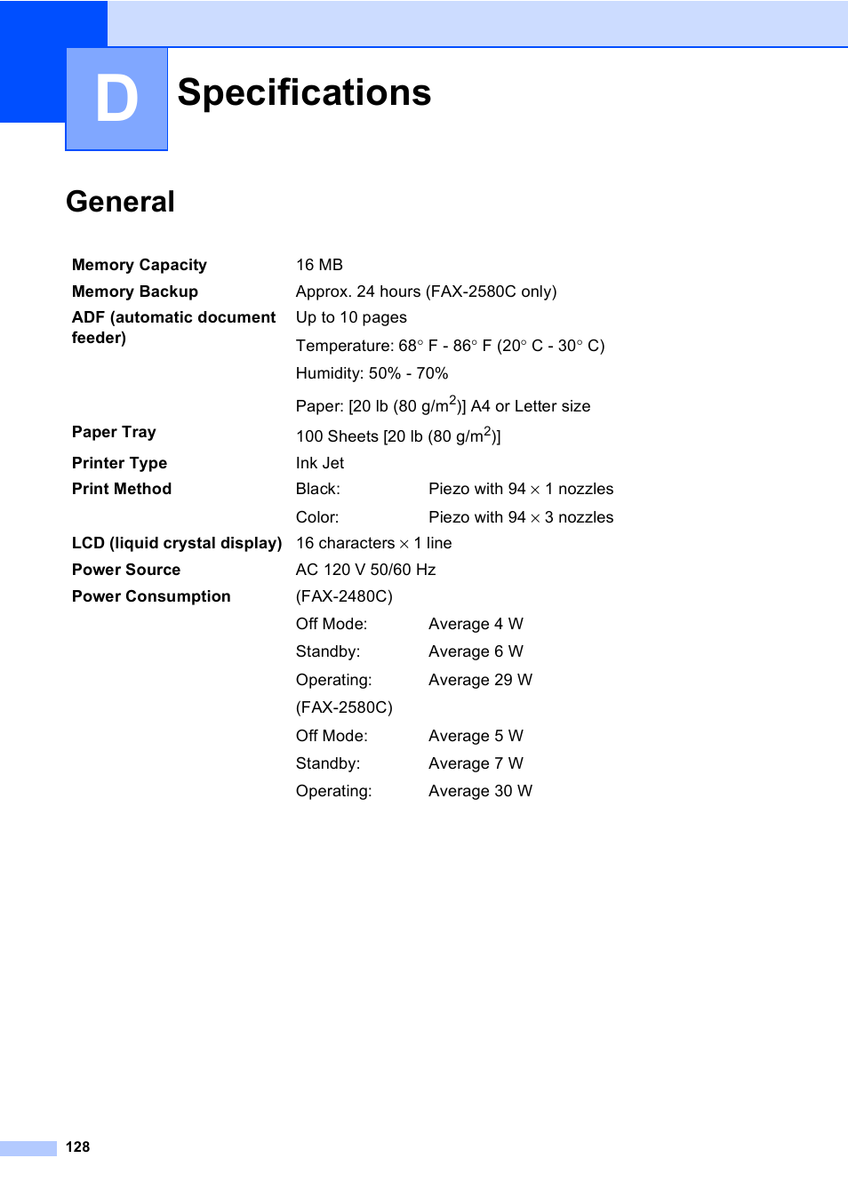 D specifications, General, Specifications | Brother FAX-2480C User Manual | Page 144 / 164