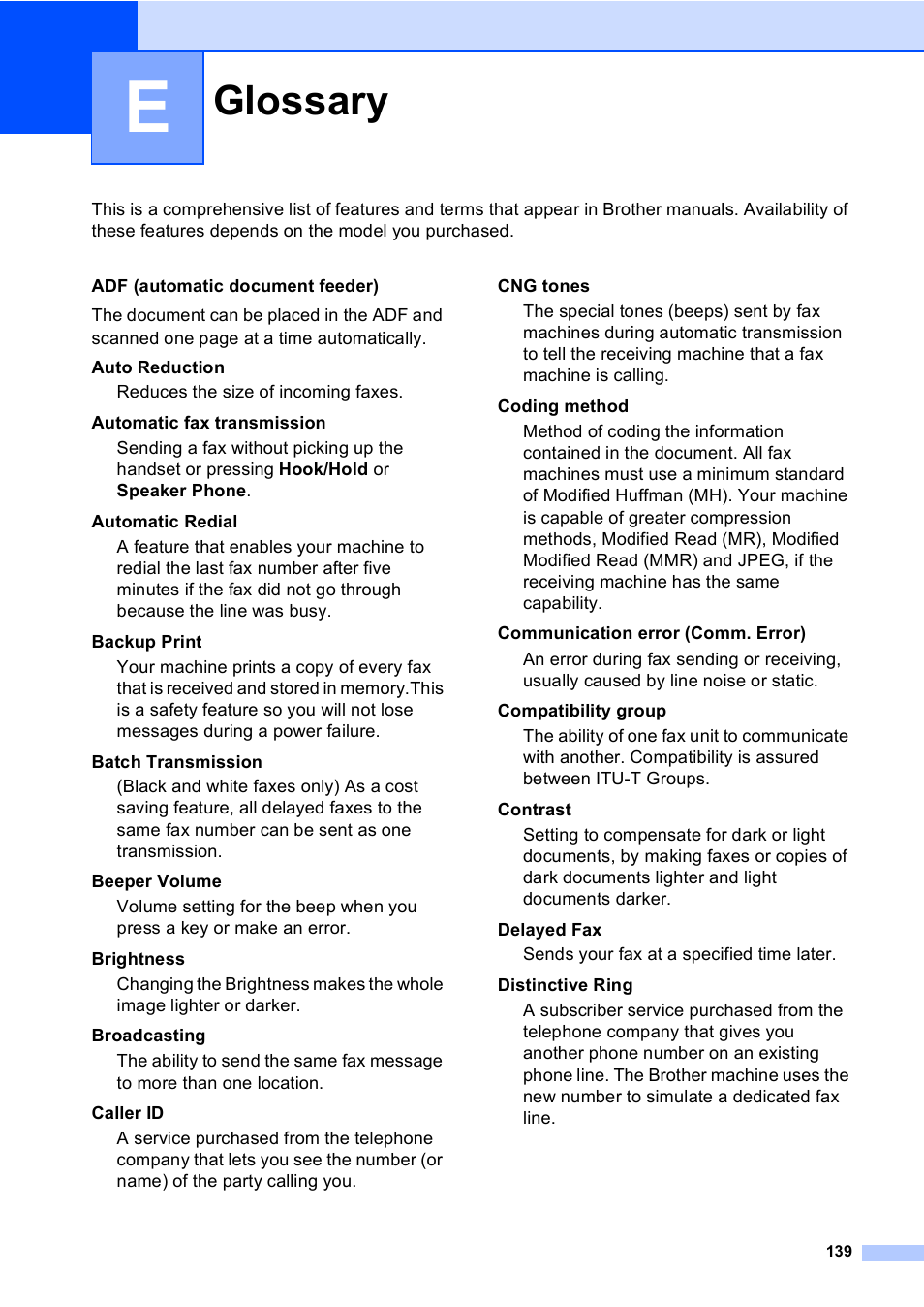 E glossary, Glossary | Brother FAX-2480C User Manual | Page 155 / 164