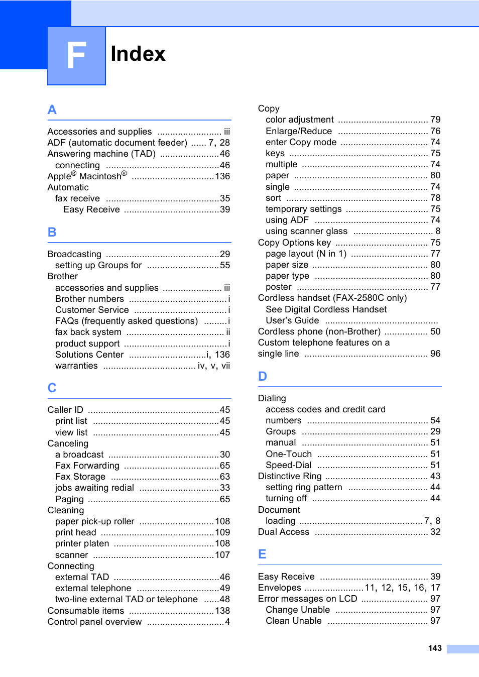 Index | Brother FAX-2480C User Manual | Page 159 / 164