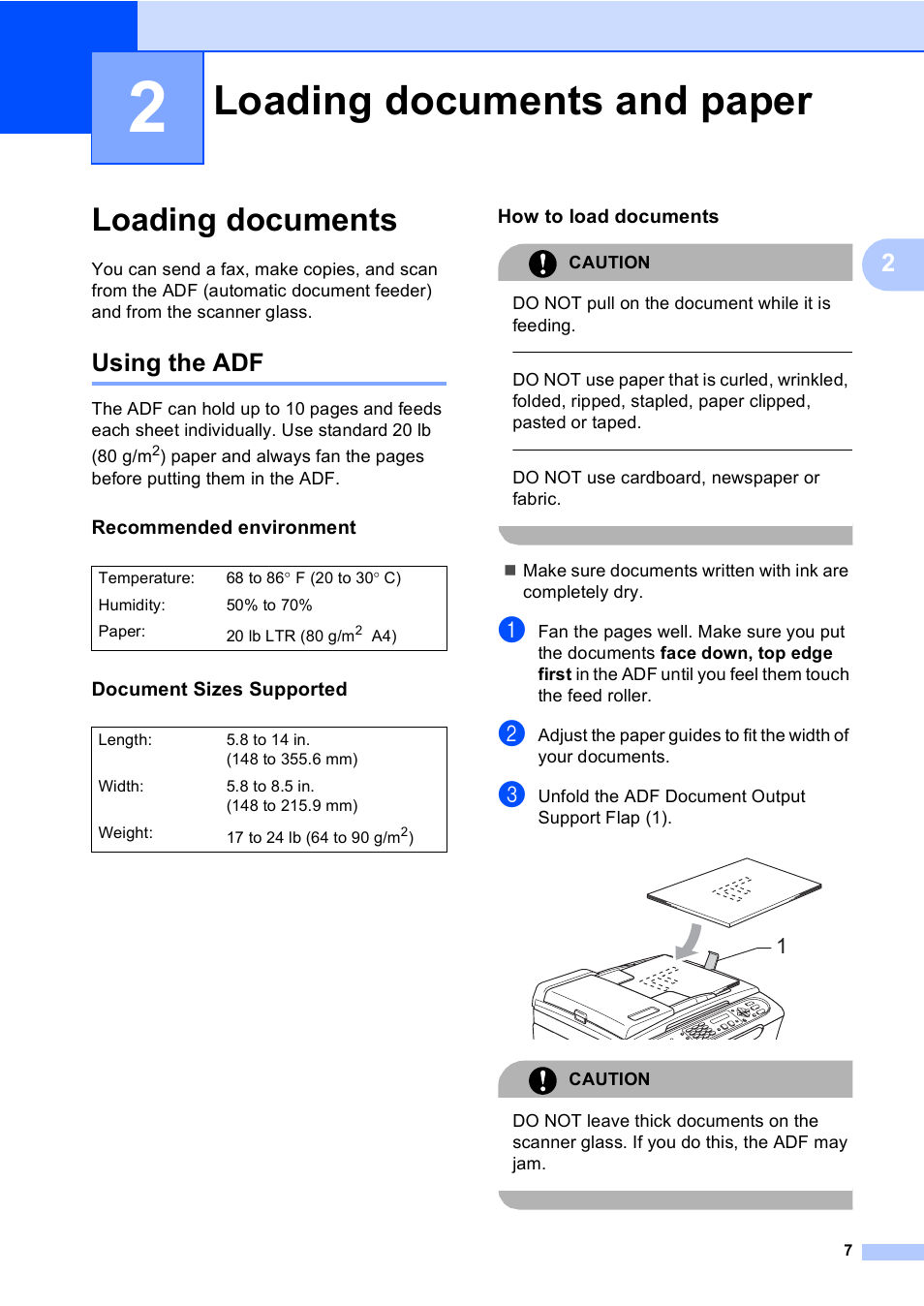 2 loading documents and paper, Loading documents, Using the adf | Recommended environment, Document sizes supported, How to load documents, Loading documents and paper | Brother FAX-2480C User Manual | Page 23 / 164