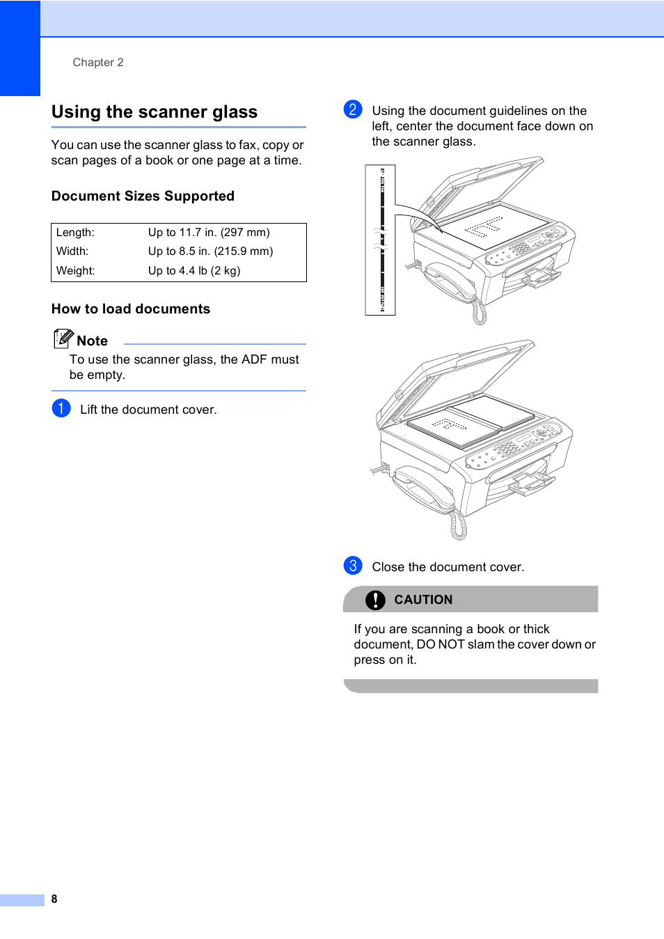 Using the scanner glass, Document sizes supported, How to load documents | Brother FAX-2480C User Manual | Page 24 / 164