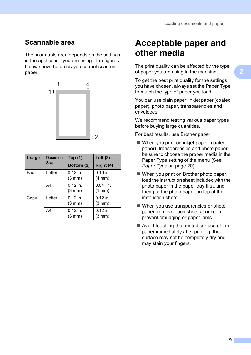 Scannable area, Acceptable paper and other media, 2scannable area | Brother FAX-2480C User Manual | Page 25 / 164