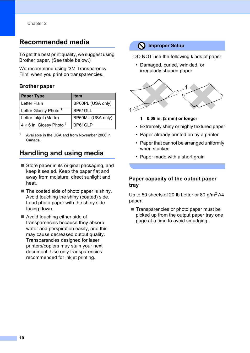 Recommended media, Handling and using media, Paper capacity of the output paper tray | Recommended media handling and using media | Brother FAX-2480C User Manual | Page 26 / 164