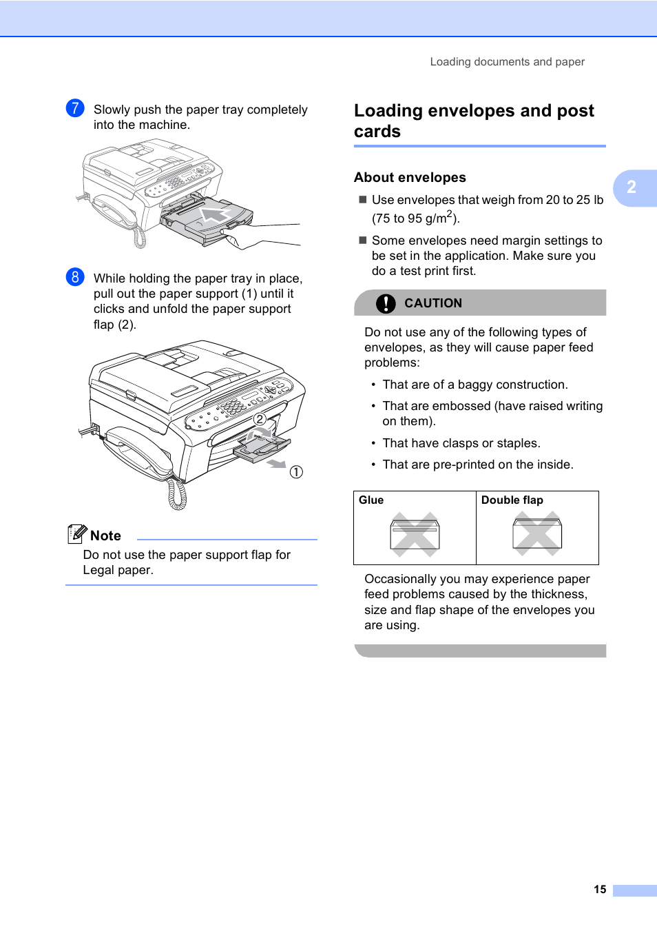 Loading envelopes and post cards, About envelopes, Do not use the paper support flap for legal paper | Brother FAX-2480C User Manual | Page 31 / 164