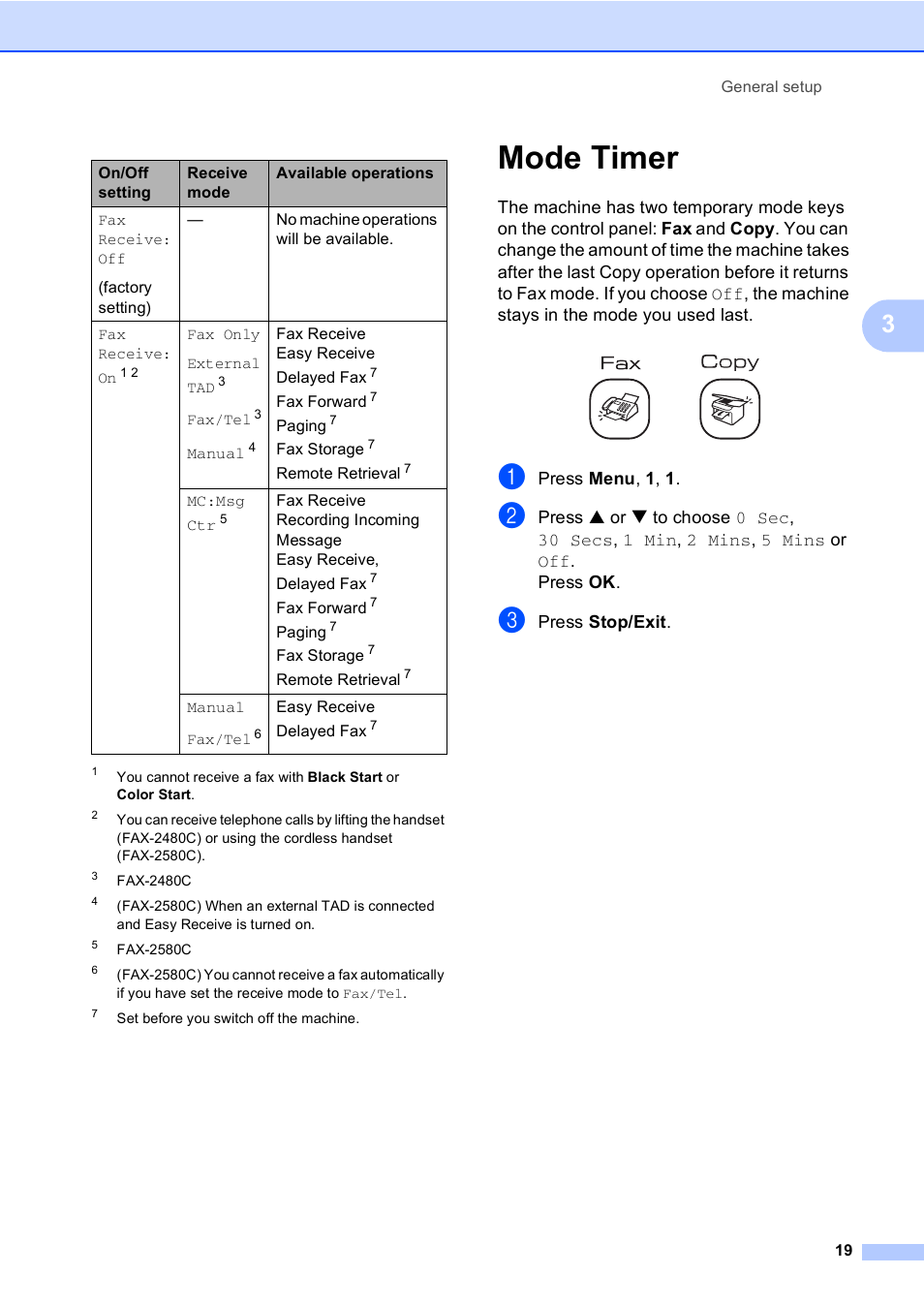 Mode timer | Brother FAX-2480C User Manual | Page 35 / 164