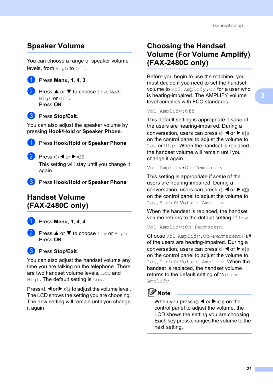 Speaker volume, Handset volume (fax-2480c only), Fax-2480c only) | 3speaker volume | Brother FAX-2480C User Manual | Page 37 / 164