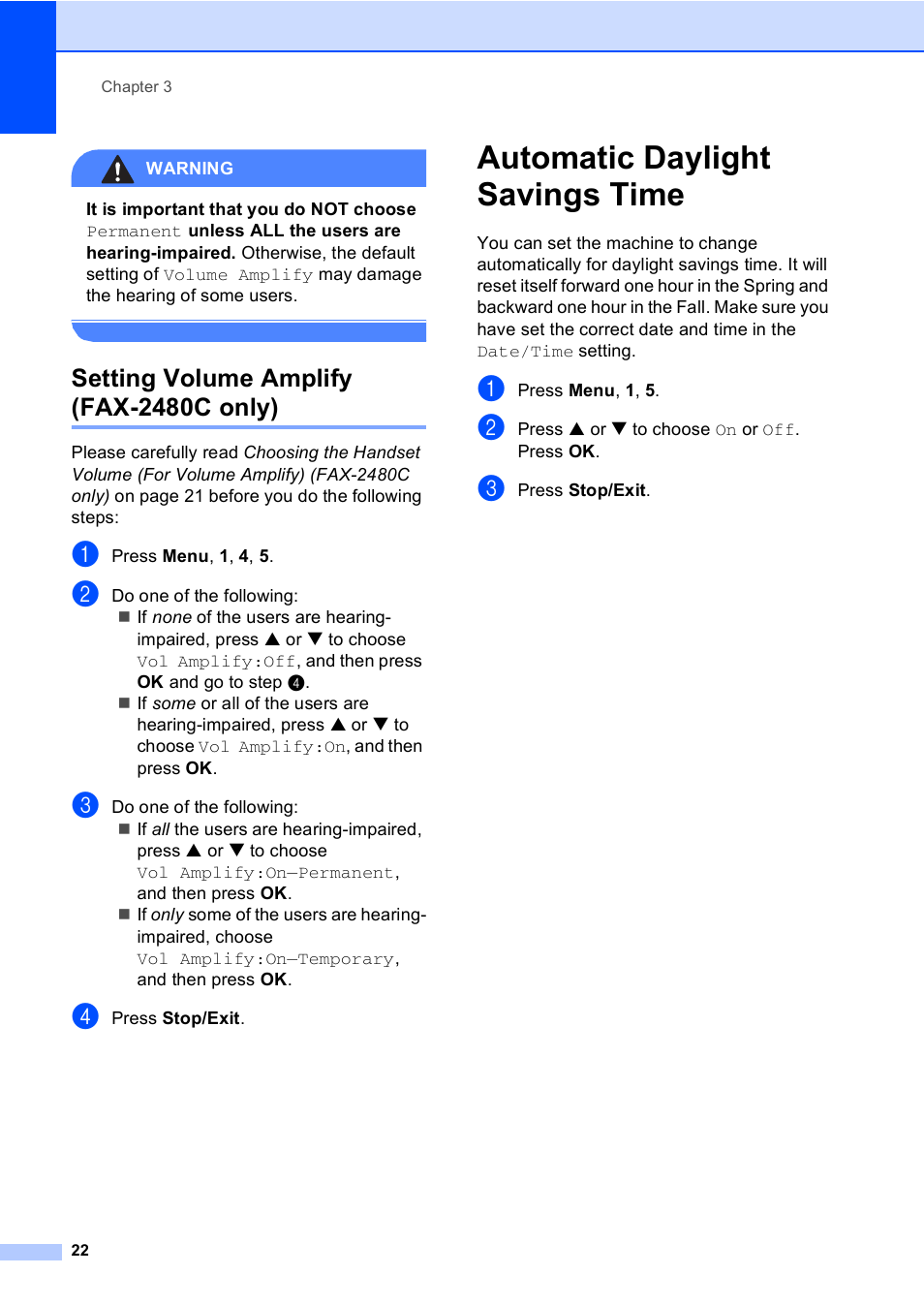 Setting volume amplify (fax-2480c only), Automatic daylight savings time | Brother FAX-2480C User Manual | Page 38 / 164