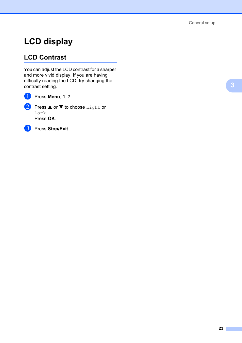 Lcd display, Lcd contrast | Brother FAX-2480C User Manual | Page 39 / 164