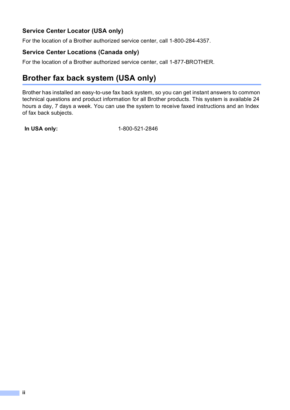 Brother fax back system (usa only) | Brother FAX-2480C User Manual | Page 4 / 164