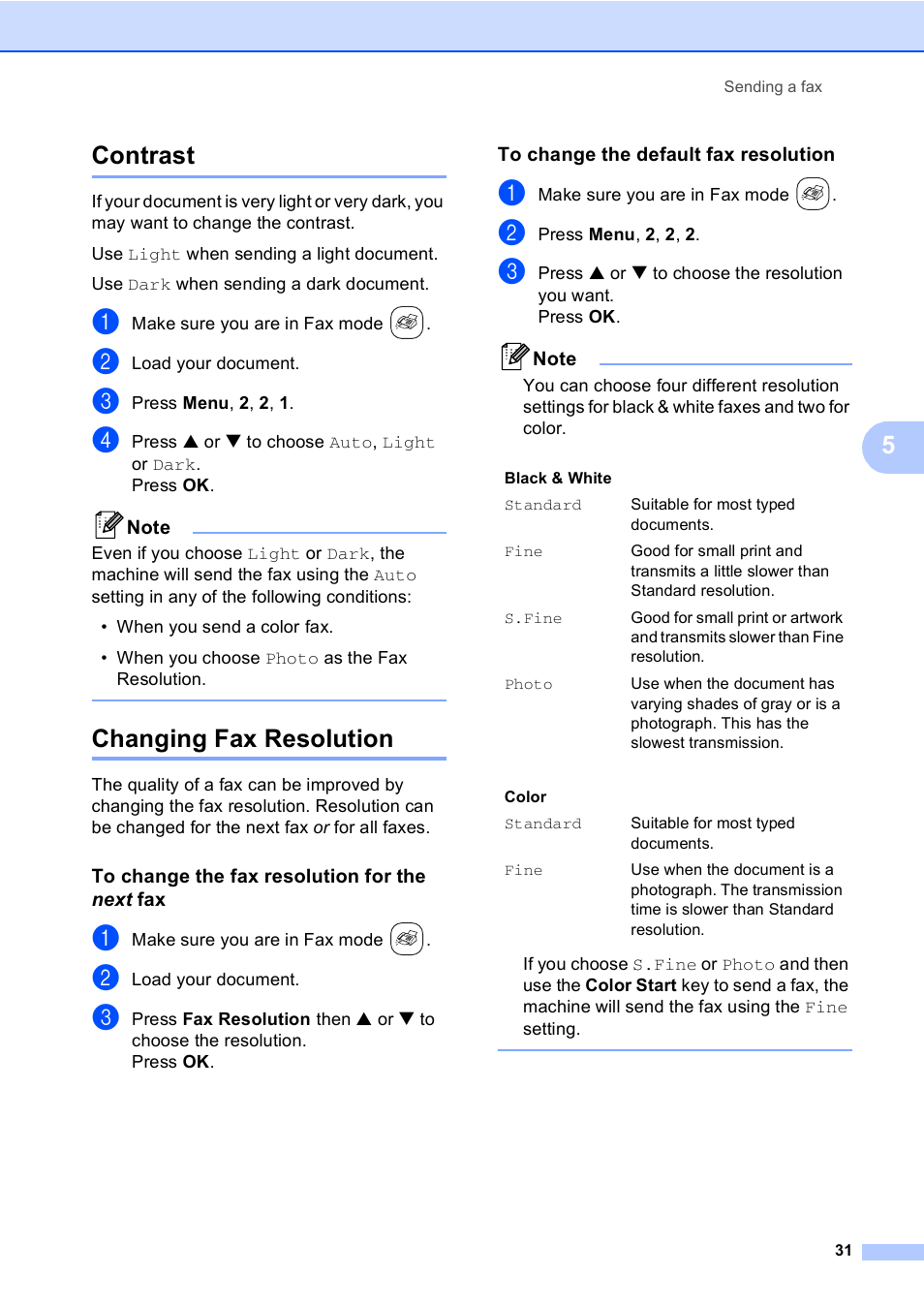 Contrast, Changing fax resolution, To change the fax resolution for the next fax | To change the default fax resolution, Contrast changing fax resolution, 5contrast | Brother FAX-2480C User Manual | Page 47 / 164