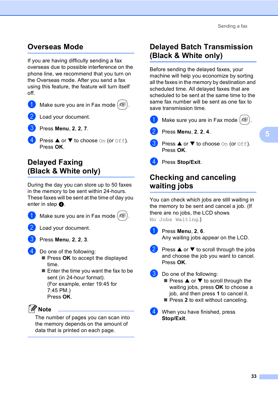 Overseas mode, Delayed faxing (black & white only), Delayed batch transmission (black & white only) | Checking and canceling waiting jobs, 5overseas mode | Brother FAX-2480C User Manual | Page 49 / 164