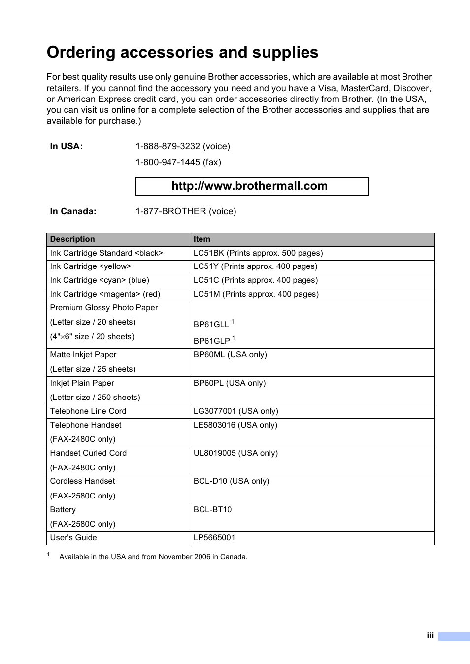 Ordering accessories and supplies | Brother FAX-2480C User Manual | Page 5 / 164
