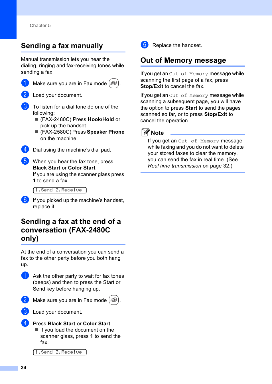 Sending a fax manually, Out of memory message | Brother FAX-2480C User Manual | Page 50 / 164