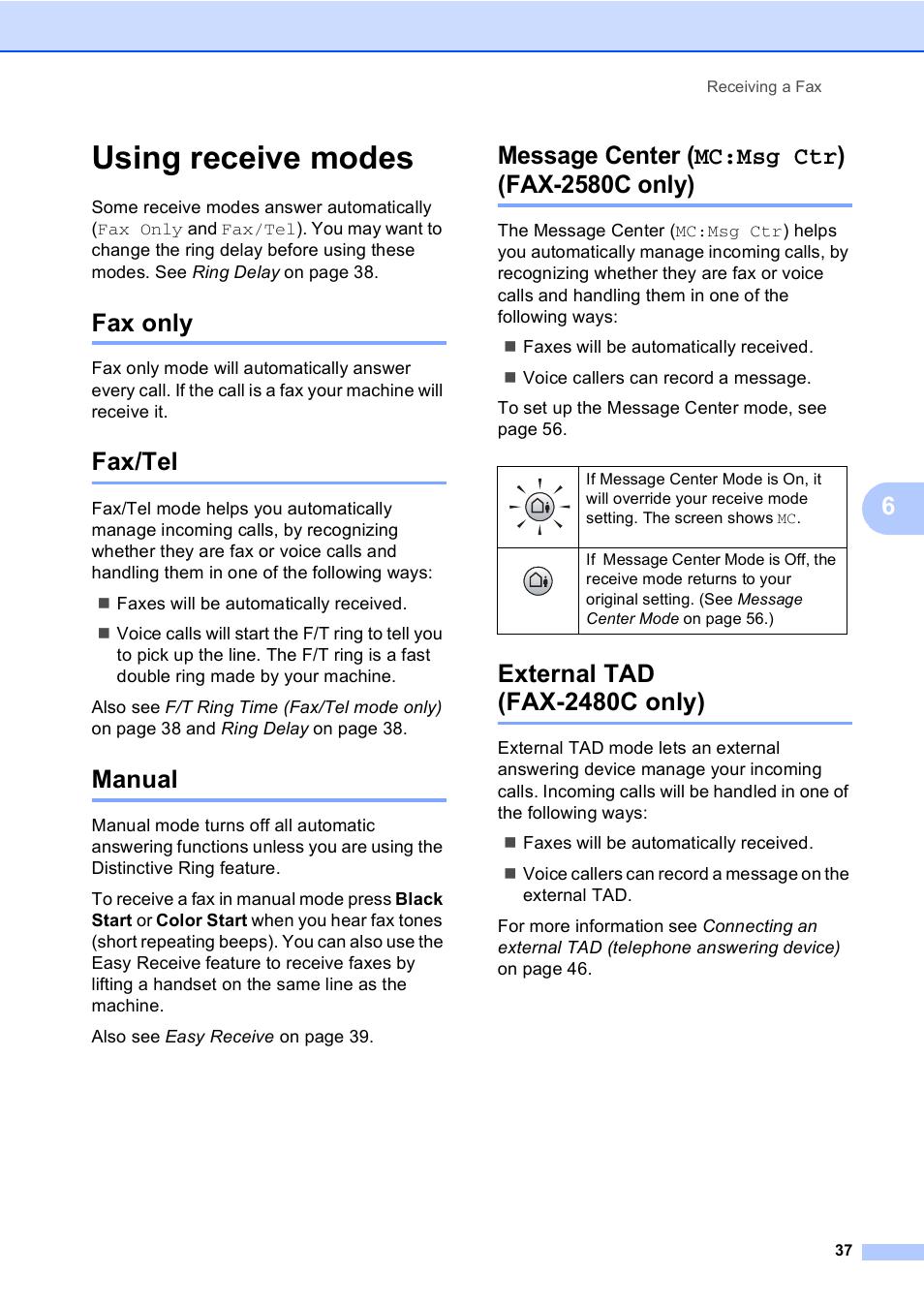 Using receive modes, Fax only, Fax/tel | Manual, Message center (mc:msg ctr) (fax-2580c only), External tad (fax-2480c only) | Brother FAX-2480C User Manual | Page 53 / 164