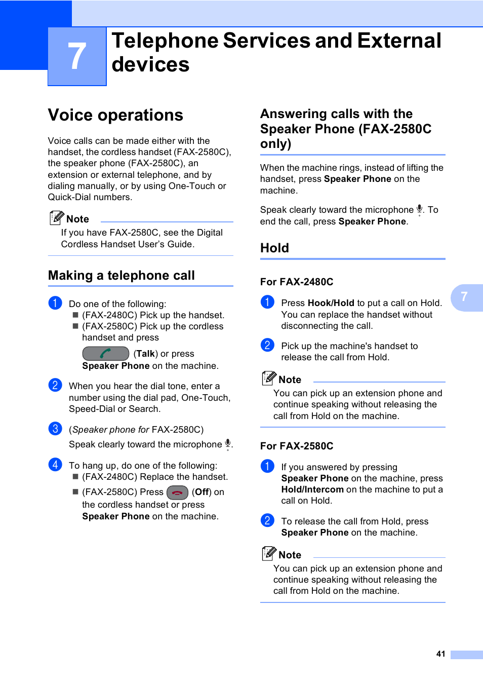 7 telephone services and external devices, Voice operations, Making a telephone call | Hold, For fax-2480c, For fax-2580c, Telephone services and external devices | Brother FAX-2480C User Manual | Page 57 / 164