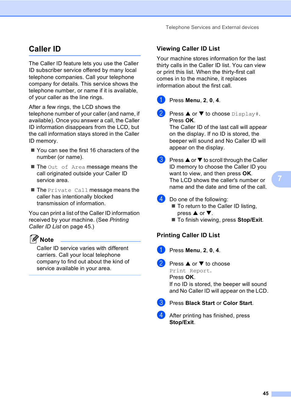 Caller id, Viewing caller id list, Printing caller id list | 7caller id | Brother FAX-2480C User Manual | Page 61 / 164