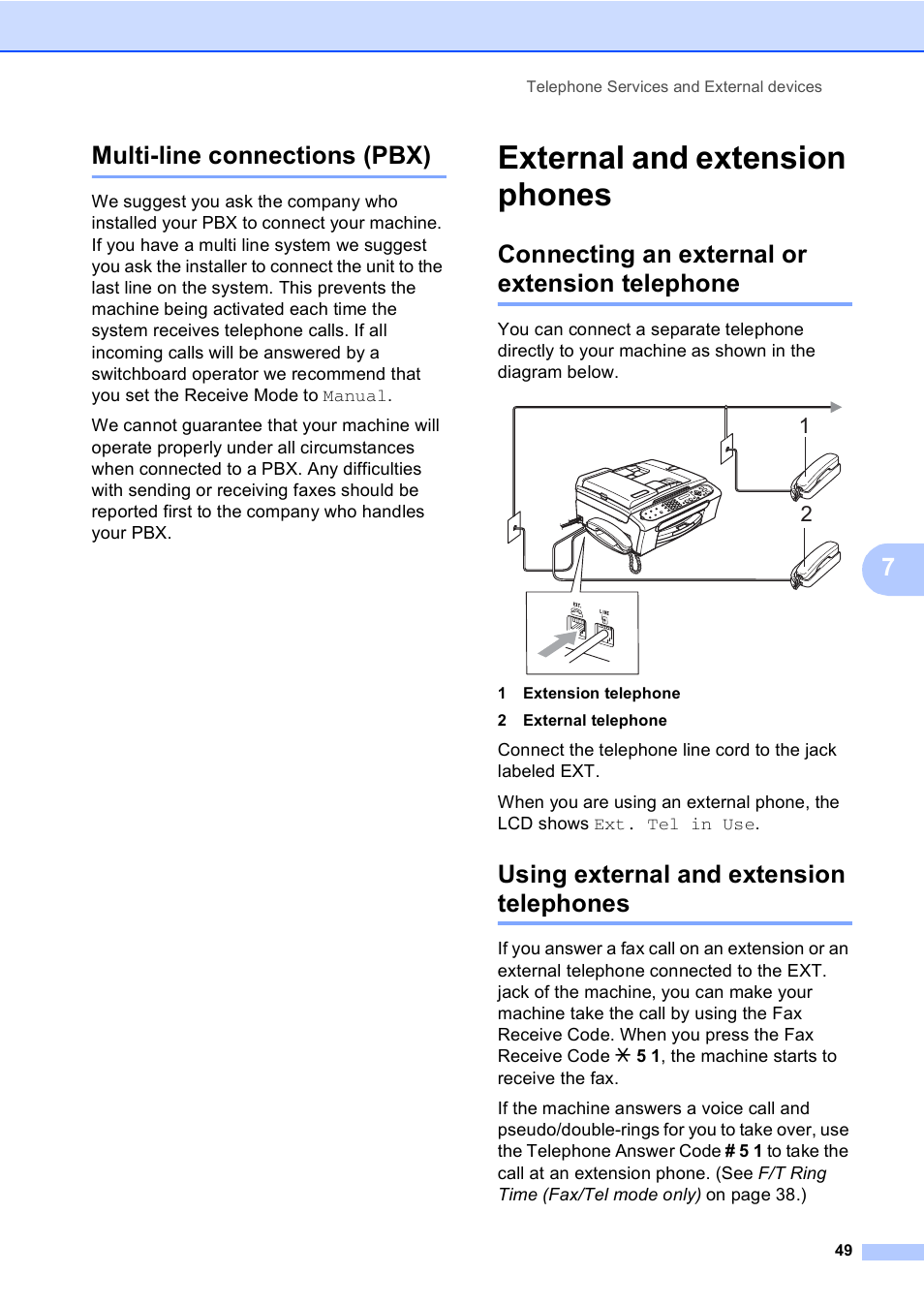 Multi-line connections (pbx), External and extension phones, Connecting an external or extension telephone | Using external and extension telephones, 7multi-line connections (pbx) | Brother FAX-2480C User Manual | Page 65 / 164