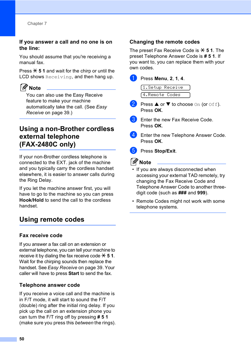 If you answer a call and no one is on the line, Using remote codes, Fax receive code | Telephone answer code, Changing the remote codes | Brother FAX-2480C User Manual | Page 66 / 164