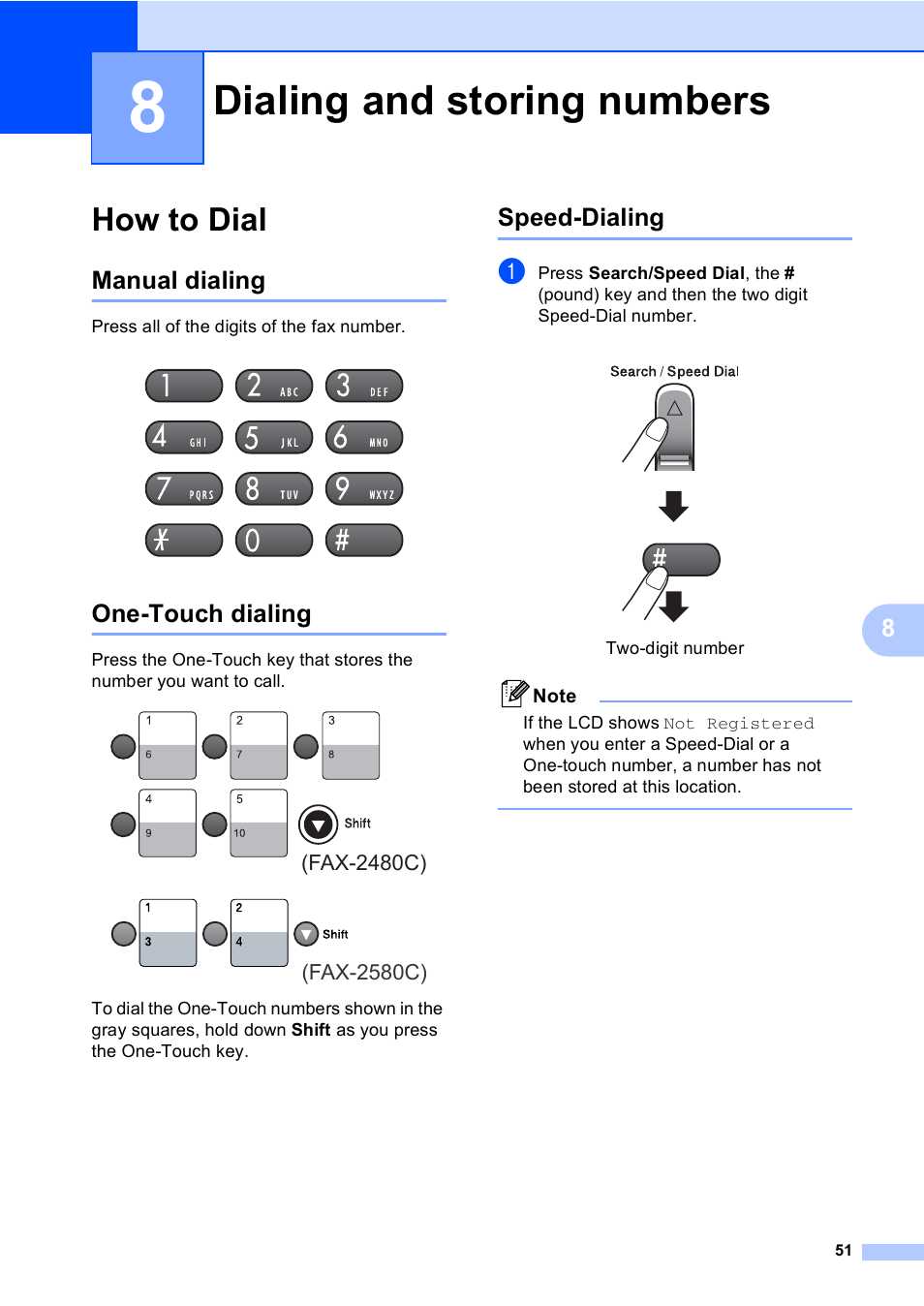 8 dialing and storing numbers, How to dial, Manual dialing | One-touch dialing, Speed-dialing, Dialing and storing numbers, Manual dialing one-touch dialing speed-dialing | Brother FAX-2480C User Manual | Page 67 / 164