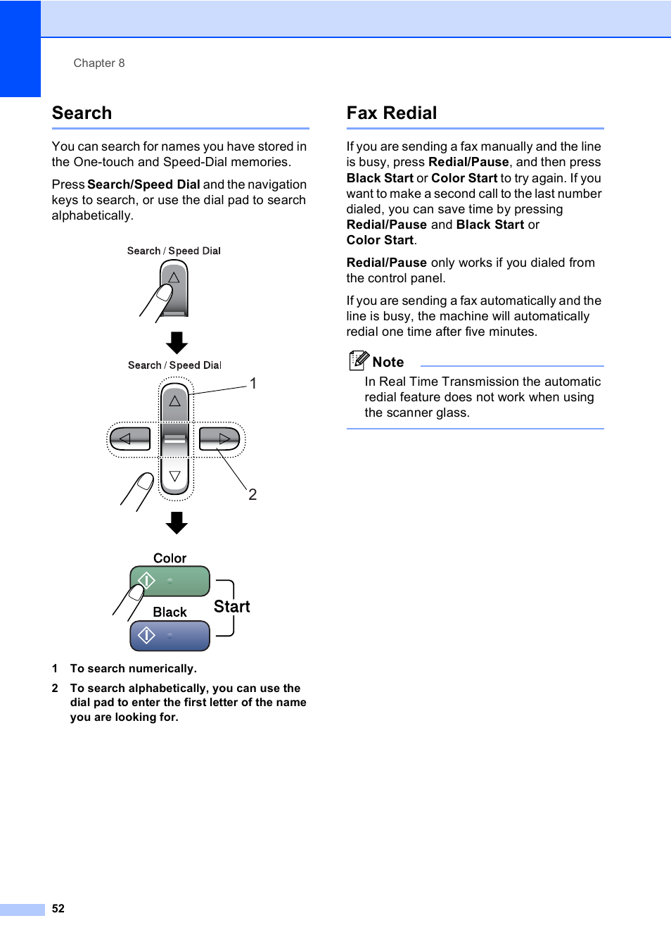 Search, Fax redial, Search fax redial | Brother FAX-2480C User Manual | Page 68 / 164