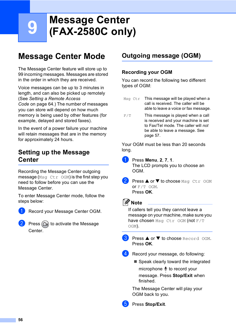 9 message center (fax-2580c only), Message center mode, Setting up the message center | Outgoing message (ogm), Recording your ogm, Message center (fax-2580c only) | Brother FAX-2480C User Manual | Page 72 / 164
