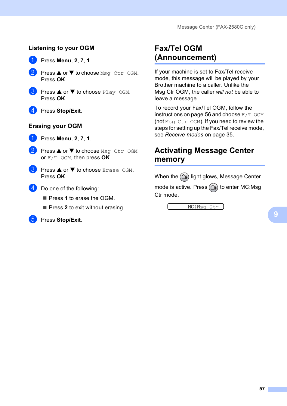 Listening to your ogm, Erasing your ogm, Fax/tel ogm (announcement) | Activating message center memory | Brother FAX-2480C User Manual | Page 73 / 164