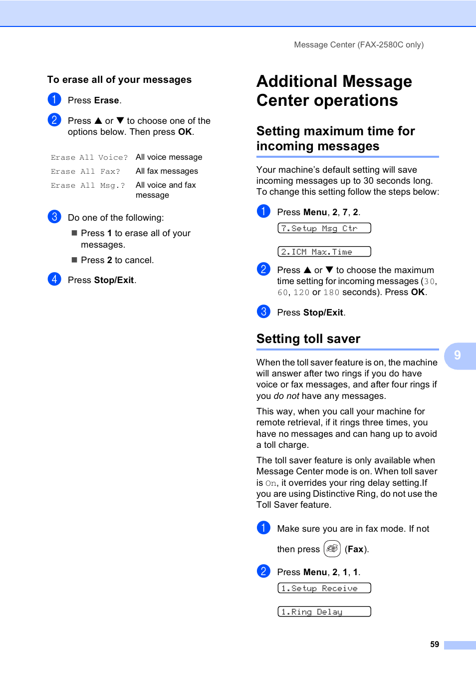 To erase all of your messages, Additional message center operations, Setting maximum time for incoming messages | Setting toll saver | Brother FAX-2480C User Manual | Page 75 / 164