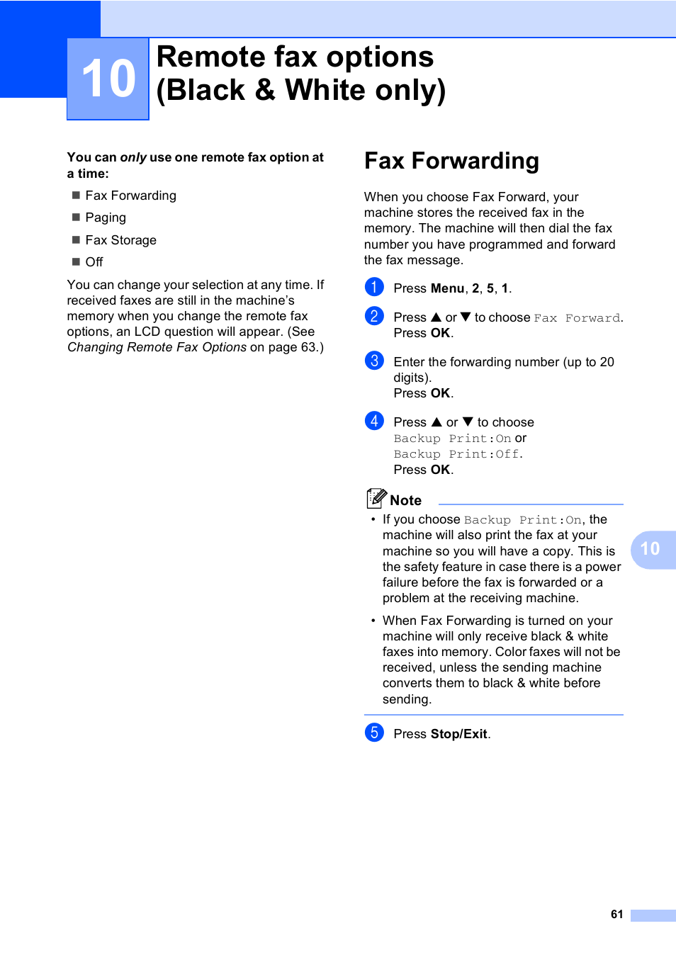 10 remote fax options (black & white only), Fax forwarding, Remote fax options (black & white only) | Brother FAX-2480C User Manual | Page 77 / 164
