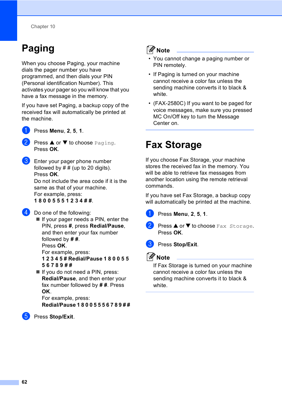 Paging, Fax storage, Paging fax storage | Brother FAX-2480C User Manual | Page 78 / 164