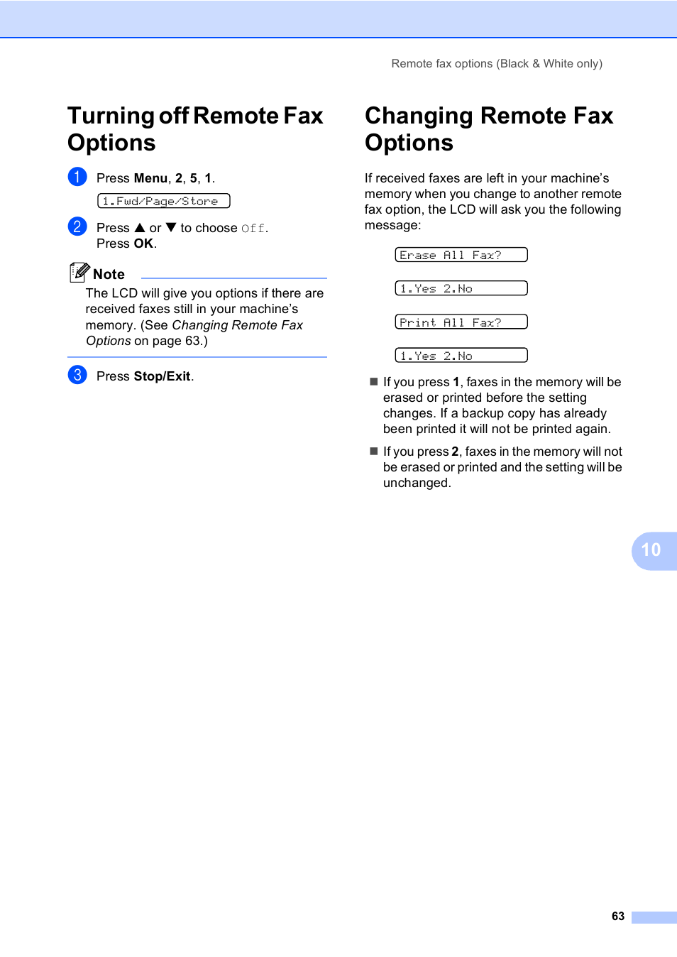 Turning off remote fax options, Changing remote fax options | Brother FAX-2480C User Manual | Page 79 / 164